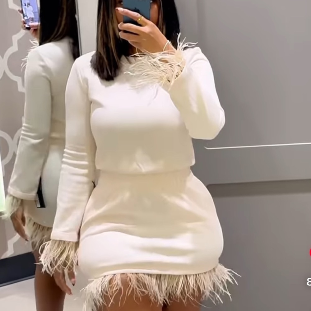 Feather-Trim Cream Skirt Set - Elegant Two-Piece